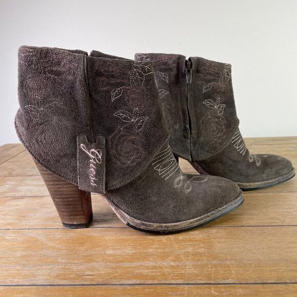 Guess Cowgirl Ankle Booties Size 5.5 - 6 Embroidered Gray Brown Boho Side Zips - Picture 3 of 13
